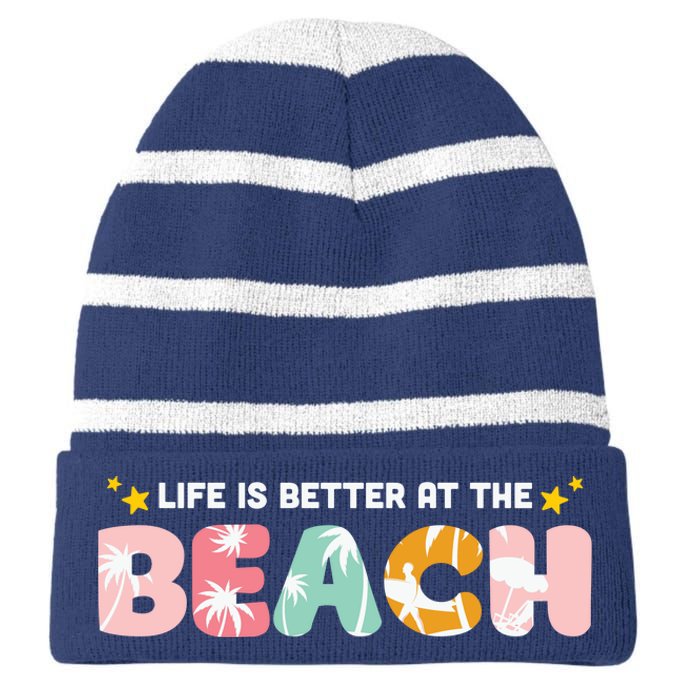 Life Is Better At The Beach Summer Tropical Striped Beanie with Solid Band