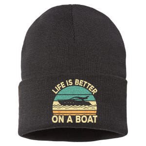 Life Is Better On A Boat Funny Retro Boating Captain Sustainable Knit Beanie