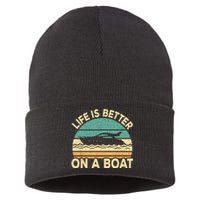 Life Is Better On A Boat Funny Retro Boating Captain Sustainable Knit Beanie