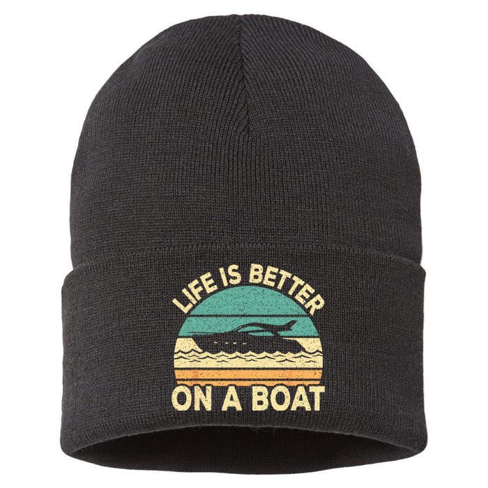 Life Is Better On A Boat Funny Retro Boating Captain Sustainable Knit Beanie