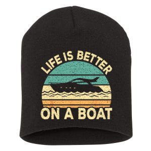 Life Is Better On A Boat Funny Retro Boating Captain Short Acrylic Beanie