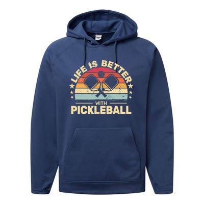 Life Is Better With Pickleball Vintage Funny Gift Performance Fleece Hoodie