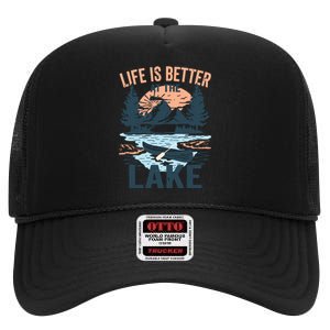 Life Is Better On The Lake Lake Life Camping High Crown Mesh Back Trucker Hat