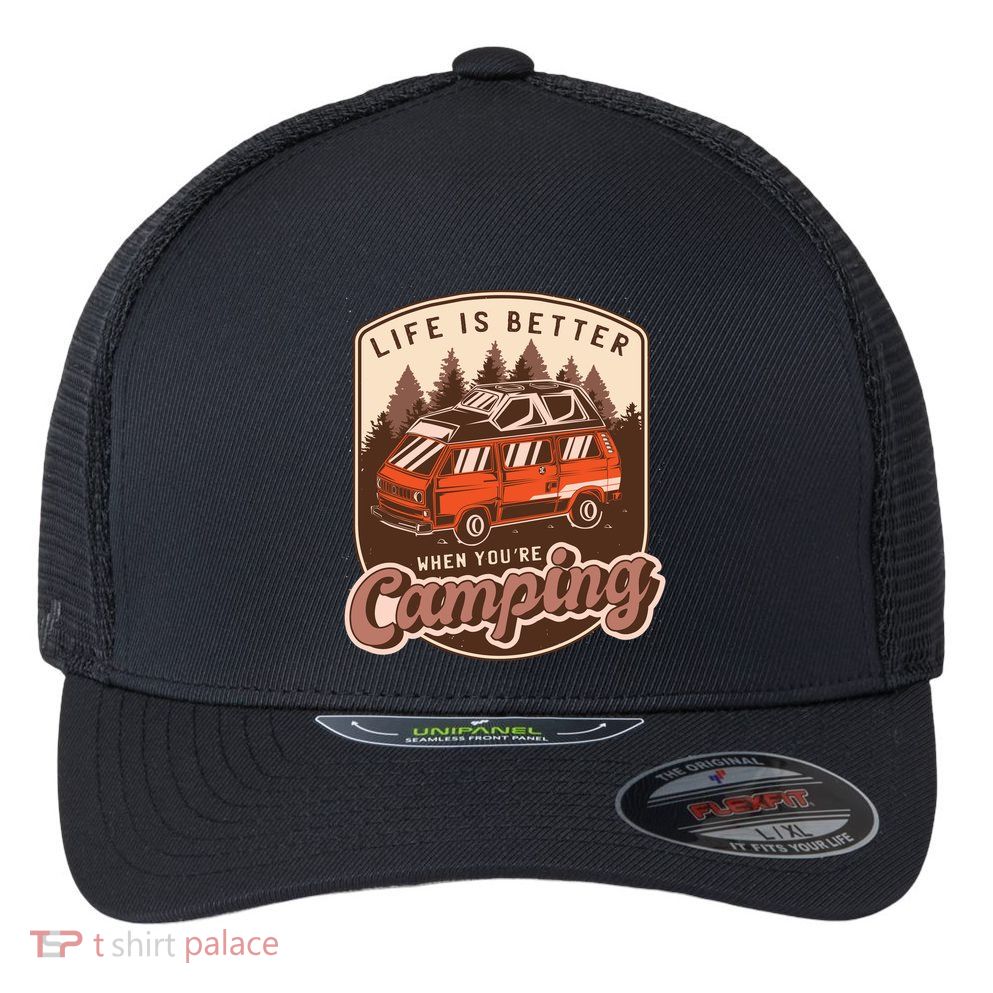 Life Is Better When You're Camping Vintage Flexfit Unipanel Trucker Cap