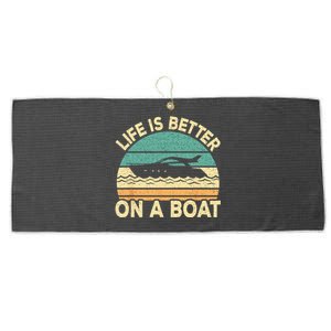 Life Is Better On A Boat Funny Retro Boating Captain Large Microfiber Waffle Golf Towel