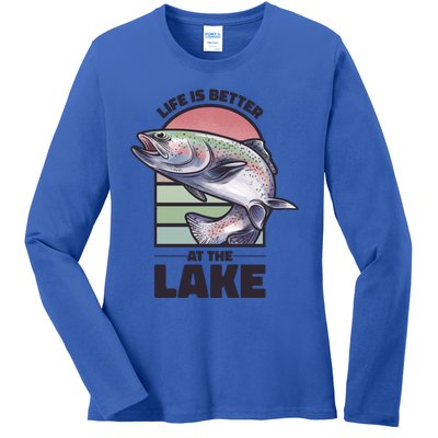 Life Is Better At The Lake Fishing Fish Fun Family Meme Gift Ladies Long Sleeve Shirt