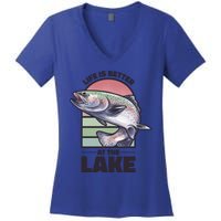 Life Is Better At The Lake Fishing Fish Fun Family Meme Gift Women's V-Neck T-Shirt