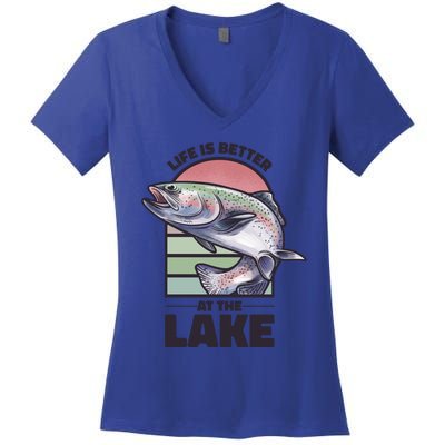 Life Is Better At The Lake Fishing Fish Fun Family Meme Gift Women's V-Neck T-Shirt