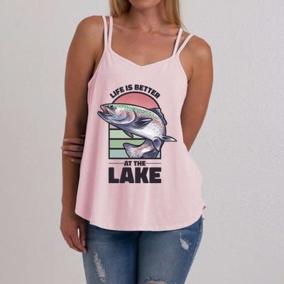 Life Is Better At The Lake Fishing Fish Fun Family Meme Gift Women's Strappy Tank