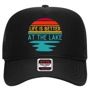 Life Is Better At The Lake Life Bum Lake Lover Pontoon High Crown Mesh Back Trucker Hat