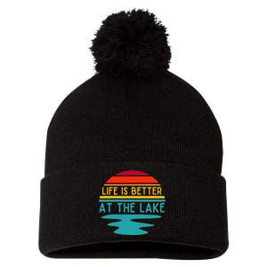 Life Is Better At The Lake Life Bum Lake Lover Pontoon Pom Pom 12in Knit Beanie