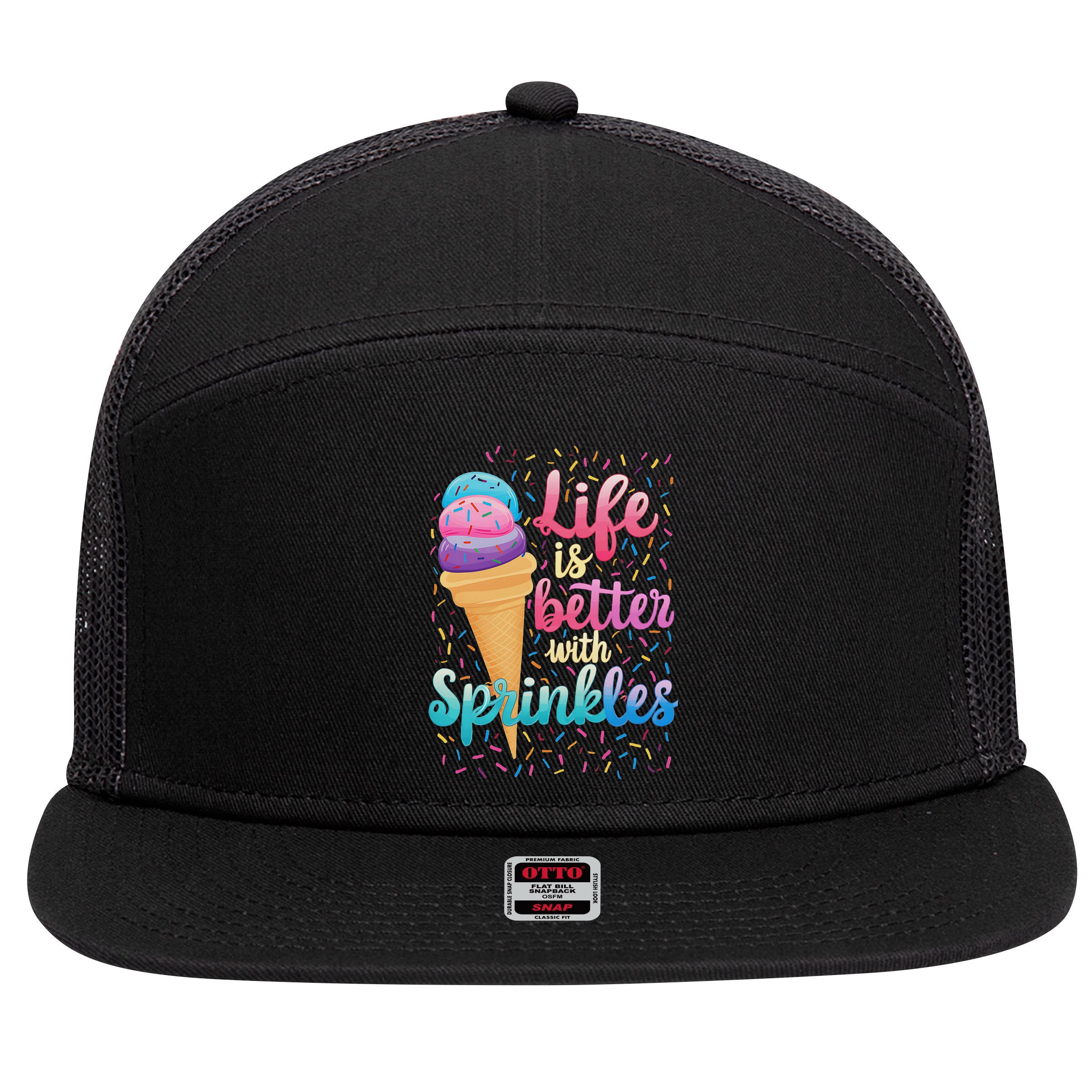 Life Is Better With Sprinkles Cute Sweet Ice Cream Summer 7 Panel Mesh Trucker Snapback Hat