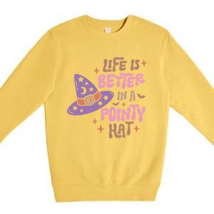 Life Is Better In A Pointy Hat Retro Groovy Halloween Witch Gift Premium Crewneck Sweatshirt