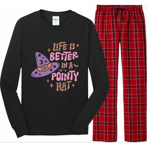 Life Is Better In A Pointy Hat Retro Groovy Halloween Witch Gift Long Sleeve Pajama Set