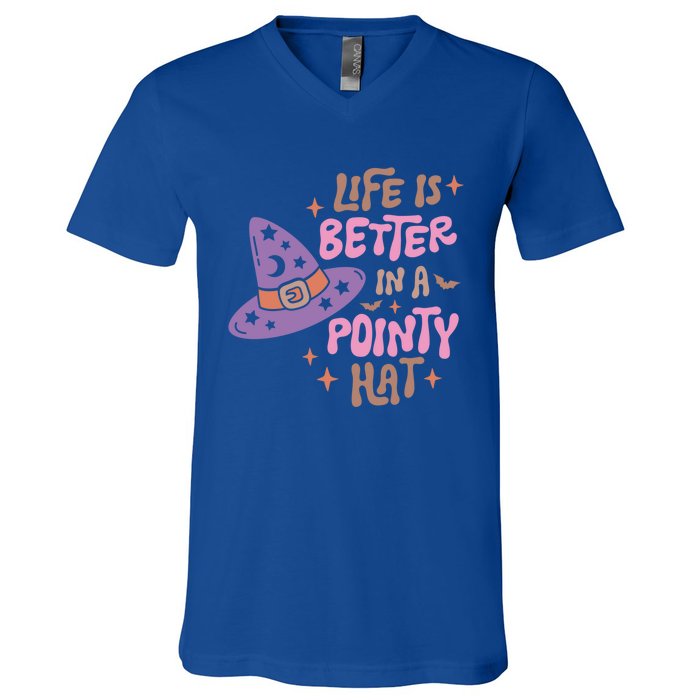 Life Is Better In A Pointy Hat Retro Groovy Halloween Witch Gift V-Neck T-Shirt