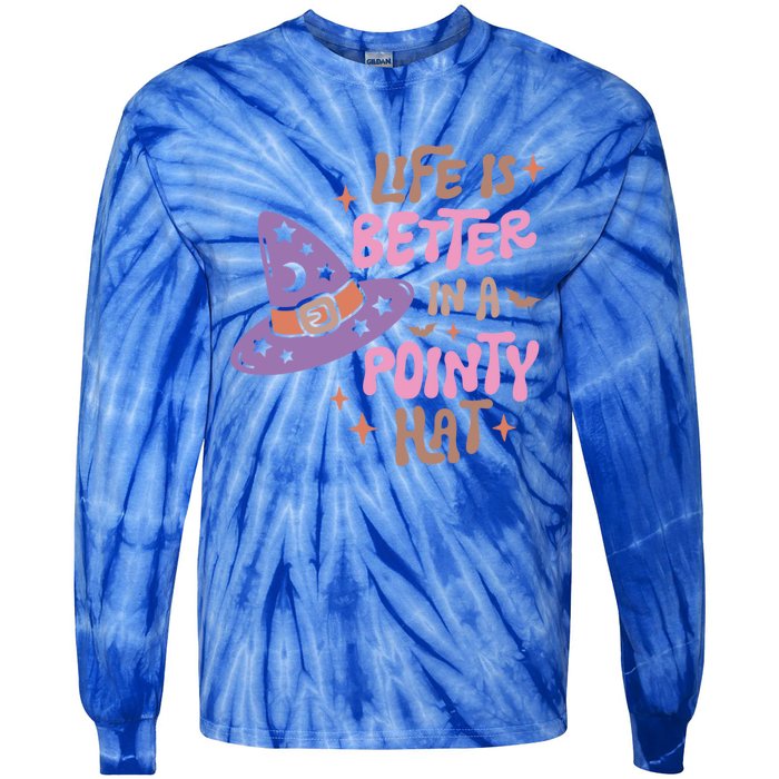 Life Is Better In A Pointy Hat Retro Groovy Halloween Witch Gift Tie-Dye Long Sleeve Shirt