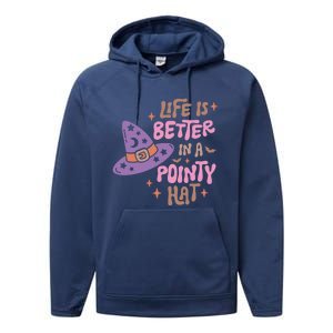 Life Is Better In A Pointy Hat Retro Groovy Halloween Witch Gift Performance Fleece Hoodie