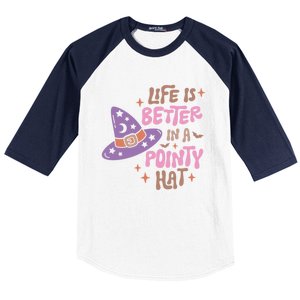 Life Is Better In A Pointy Hat Retro Groovy Halloween Witch Gift Baseball Sleeve Shirt