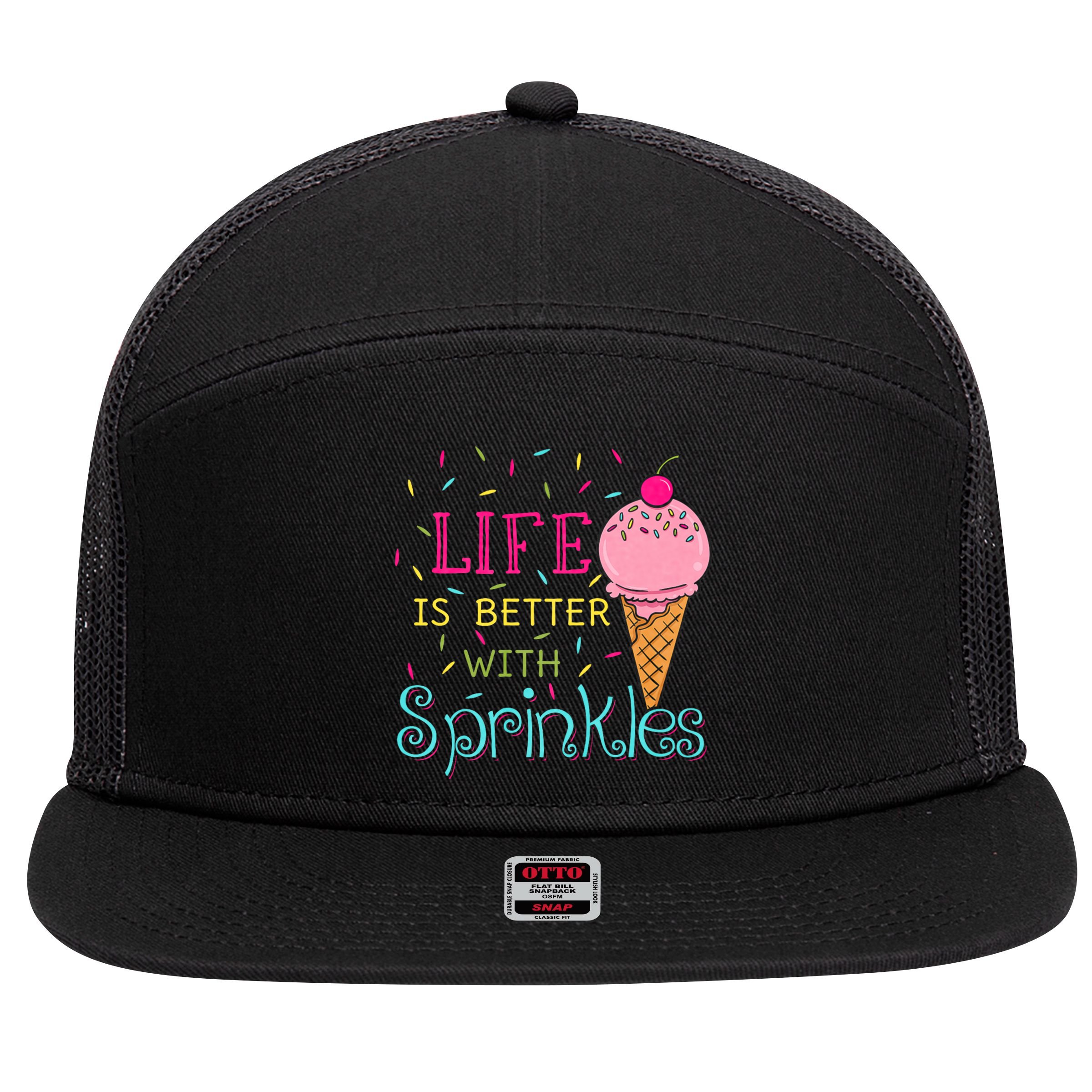 Life Is Better With Sprinkles Sweet Ice Cream Lover 7 Panel Mesh Trucker Snapback Hat