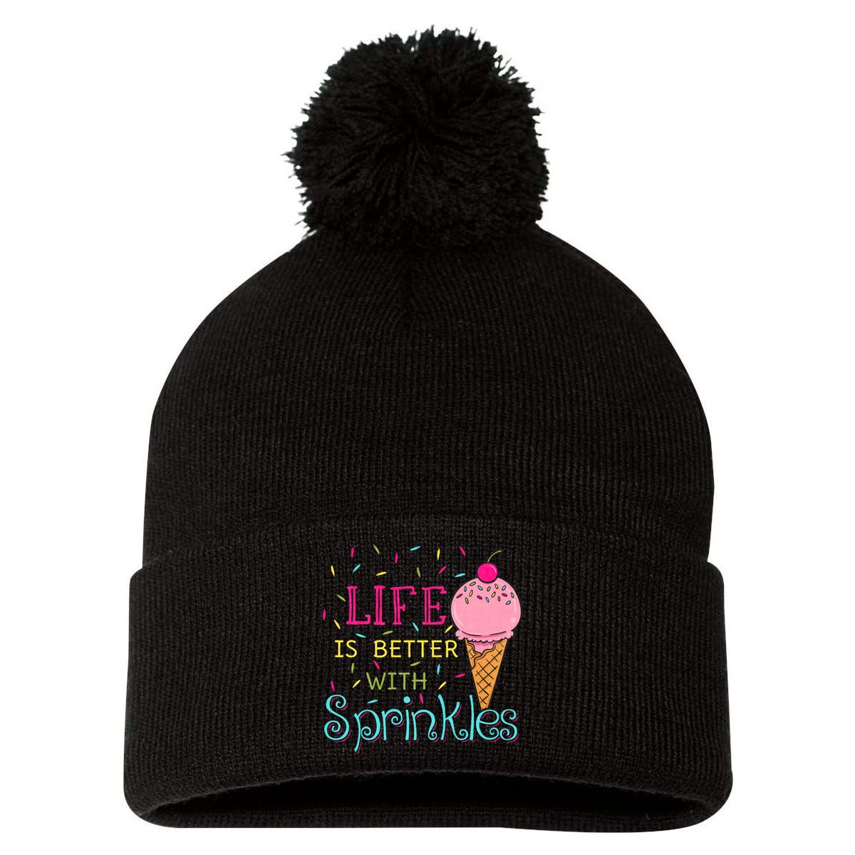 Life Is Better With Sprinkles Sweet Ice Cream Lover Pom Pom 12in Knit Beanie
