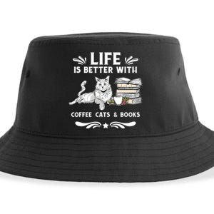 Life Is Better With Coffee Cats And Books Funny Cat Lover Sustainable Bucket Hat