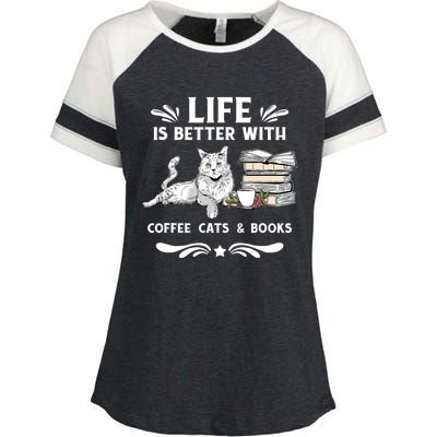 Life Is Better With Coffee Cats And Books Funny Cat Lover Enza Ladies Jersey Colorblock Tee