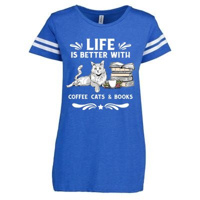 Life Is Better With Coffee Cats And Books Funny Cat Lover Enza Ladies Jersey Football T-Shirt