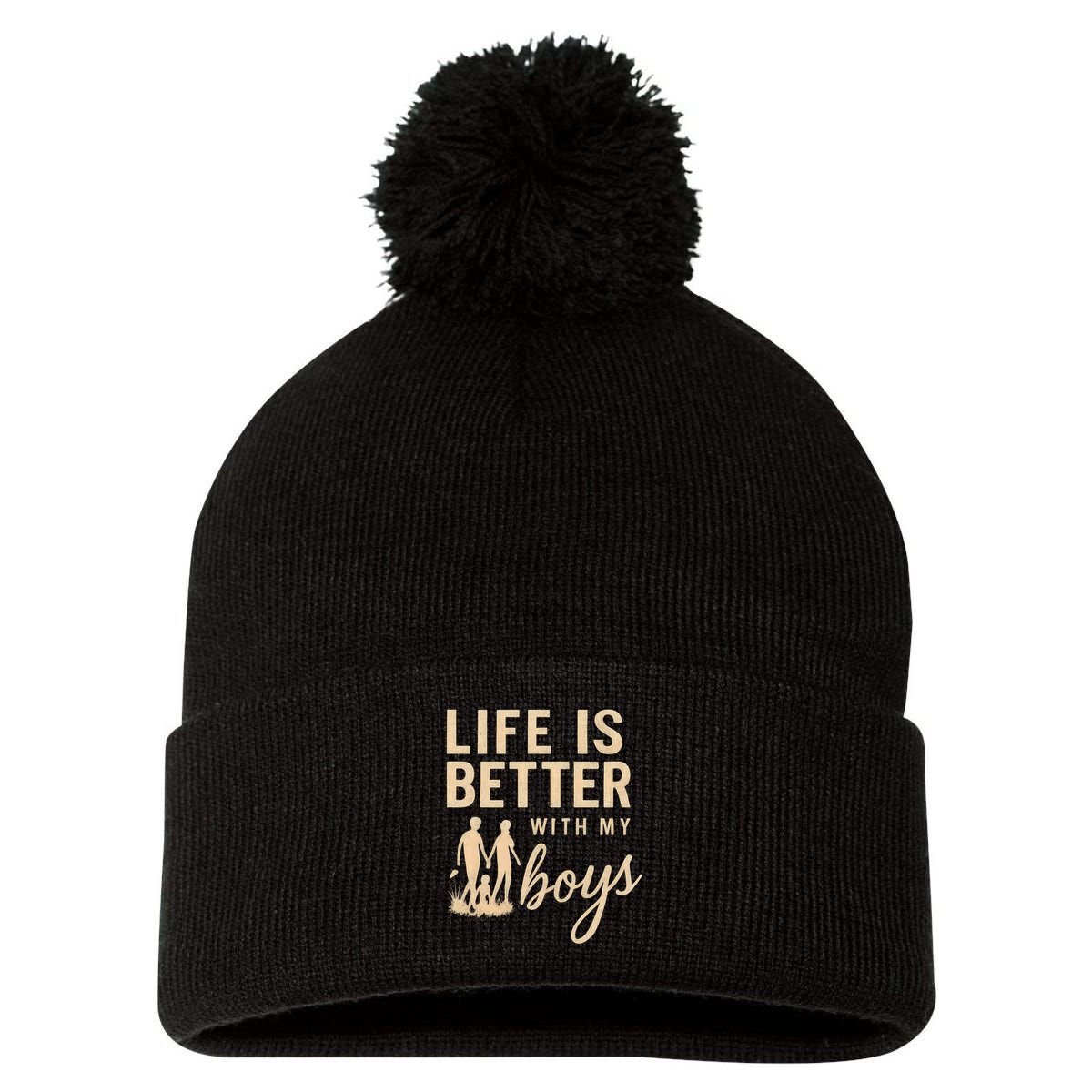 Life is Better with My Boys Pom Pom 12in Knit Beanie