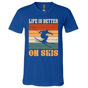 Life Is Better On Skis Funny Retro Skier Costume Skiing Gift V-Neck T-Shirt