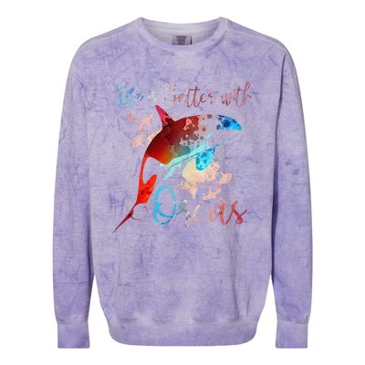 LIFE IS BETTER WITH ORCAS Killer Whale Watercolor Girl Colorblast Crewneck Sweatshirt