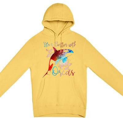 LIFE IS BETTER WITH ORCAS Killer Whale Watercolor Girl Premium Pullover Hoodie