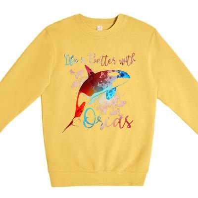 LIFE IS BETTER WITH ORCAS Killer Whale Watercolor Girl Premium Crewneck Sweatshirt