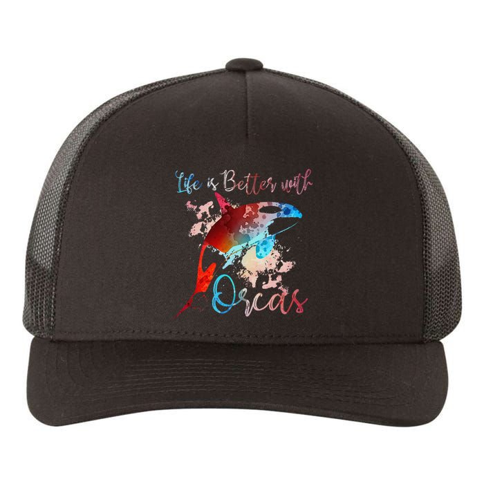 LIFE IS BETTER WITH ORCAS Killer Whale Watercolor Girl Yupoong Adult 5-Panel Trucker Hat