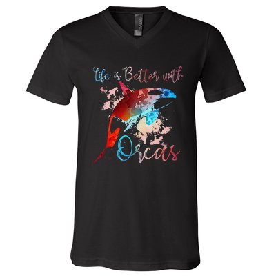 LIFE IS BETTER WITH ORCAS Killer Whale Watercolor Girl V-Neck T-Shirt