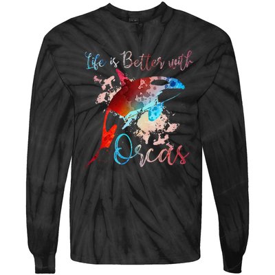 LIFE IS BETTER WITH ORCAS Killer Whale Watercolor Girl Tie-Dye Long Sleeve Shirt