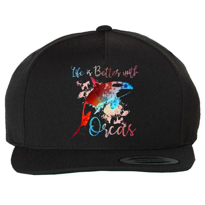 LIFE IS BETTER WITH ORCAS Killer Whale Watercolor Girl Wool Snapback Cap