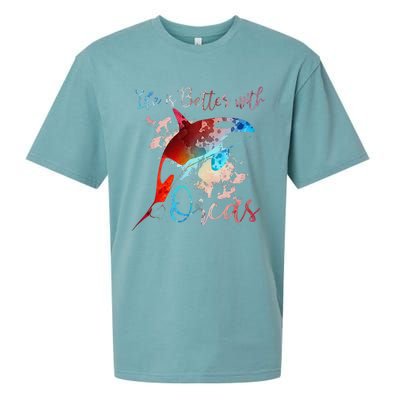 LIFE IS BETTER WITH ORCAS Killer Whale Watercolor Girl Sueded Cloud Jersey T-Shirt