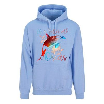 LIFE IS BETTER WITH ORCAS Killer Whale Watercolor Girl Unisex Surf Hoodie