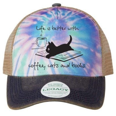 Life Is Better With Books Cats And Coffee Legacy Tie Dye Trucker Hat