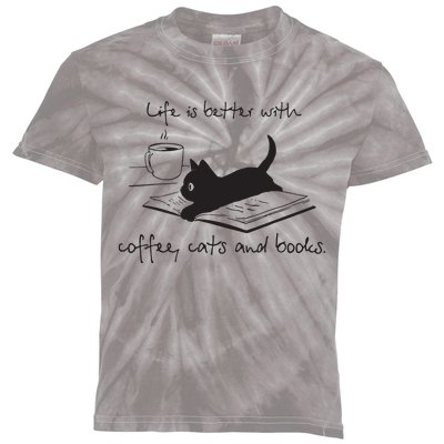 Life Is Better With Books Cats And Coffee Kids Tie-Dye T-Shirt