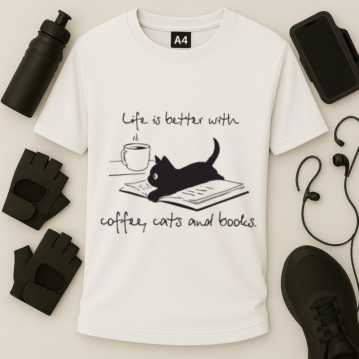 Life Is Better With Books Cats And Coffee Performance Shirt