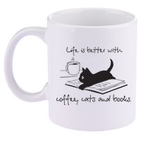 Life Is Better With Books Cats And Coffee 11oz C Handle Ceramic Mug