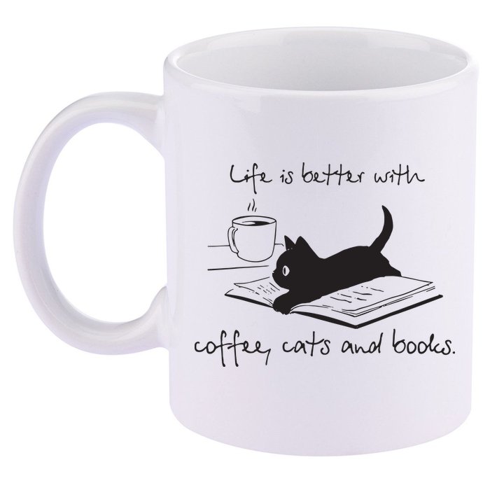 Life Is Better With Books Cats And Coffee 11oz C Handle Ceramic Mug