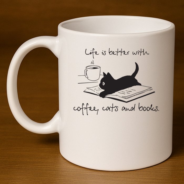Life Is Better With Books Cats And Coffee 11oz C Handle Ceramic Mug