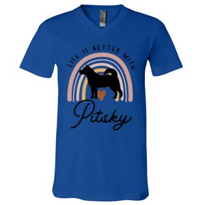 Life Is Better Pitsky Rainbow Dog Mom Gift V-Neck T-Shirt