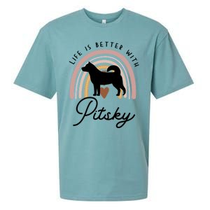 Life Is Better Pitsky Rainbow Dog Mom Gift Sueded Cloud Jersey T-Shirt