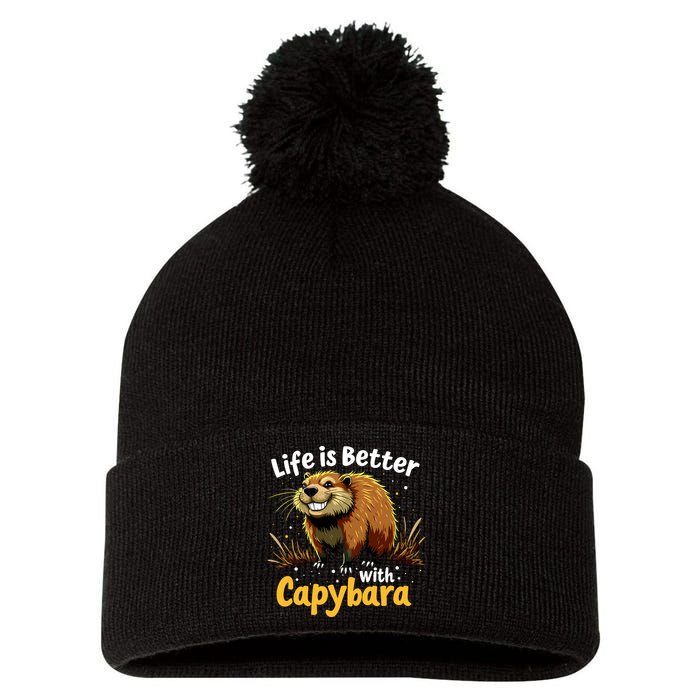 Life Is Better With Capybara Pom Pom 12in Knit Beanie