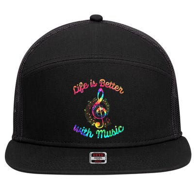 Life Is Better With Music Notes Symbol Tie Dye Musician 7 Panel Mesh Trucker Snapback Hat