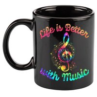 Life Is Better With Music Notes Symbol Tie Dye Musician 11oz C Handle Ceramic Mug