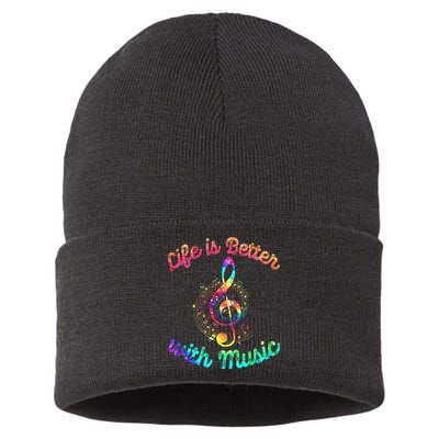 Life Is Better With Music Notes Symbol Tie Dye Musician Sustainable Knit Beanie